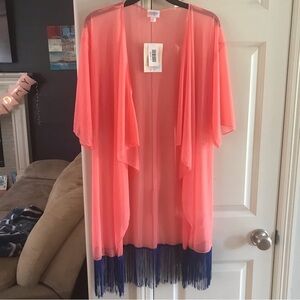 Lularoe Monroe Pink royal blue Fringed sheer patterned coral cover up new NWT